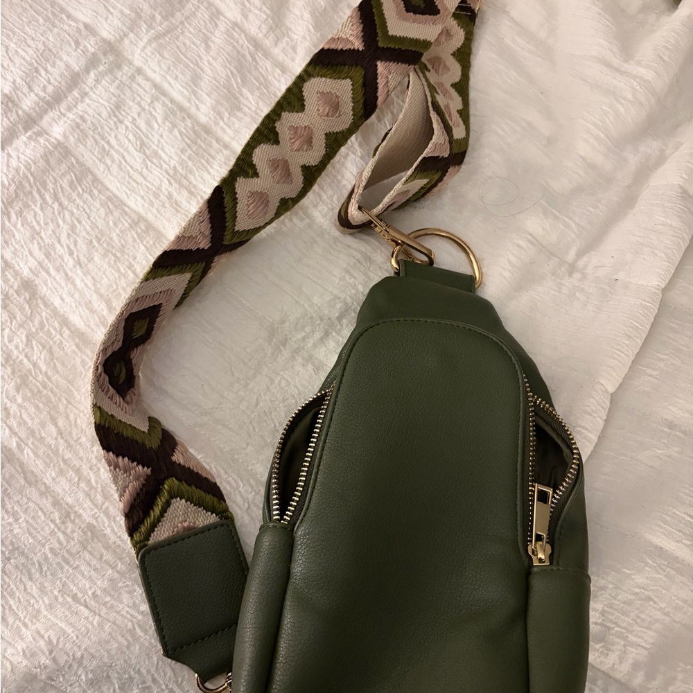 Olive Green Crossbody Bag with Patterned Strap